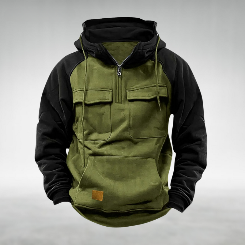 Men's Pullover Top with Hood and Multiple Front Pockets