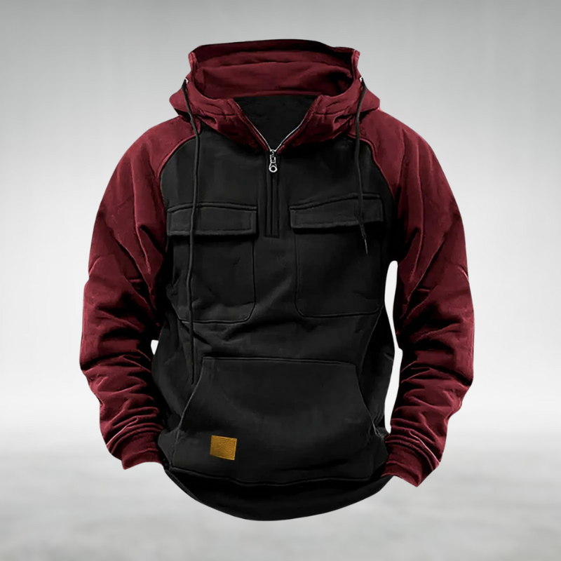 Men's Pullover Top with Hood and Multiple Front Pockets