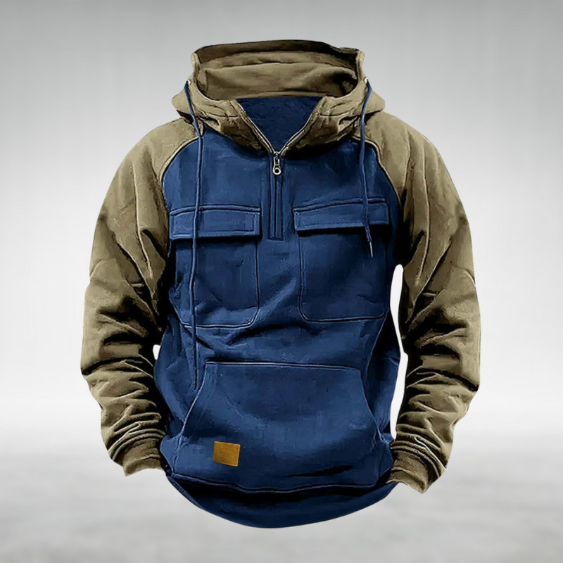 Men's Pullover Top with Hood and Multiple Front Pockets