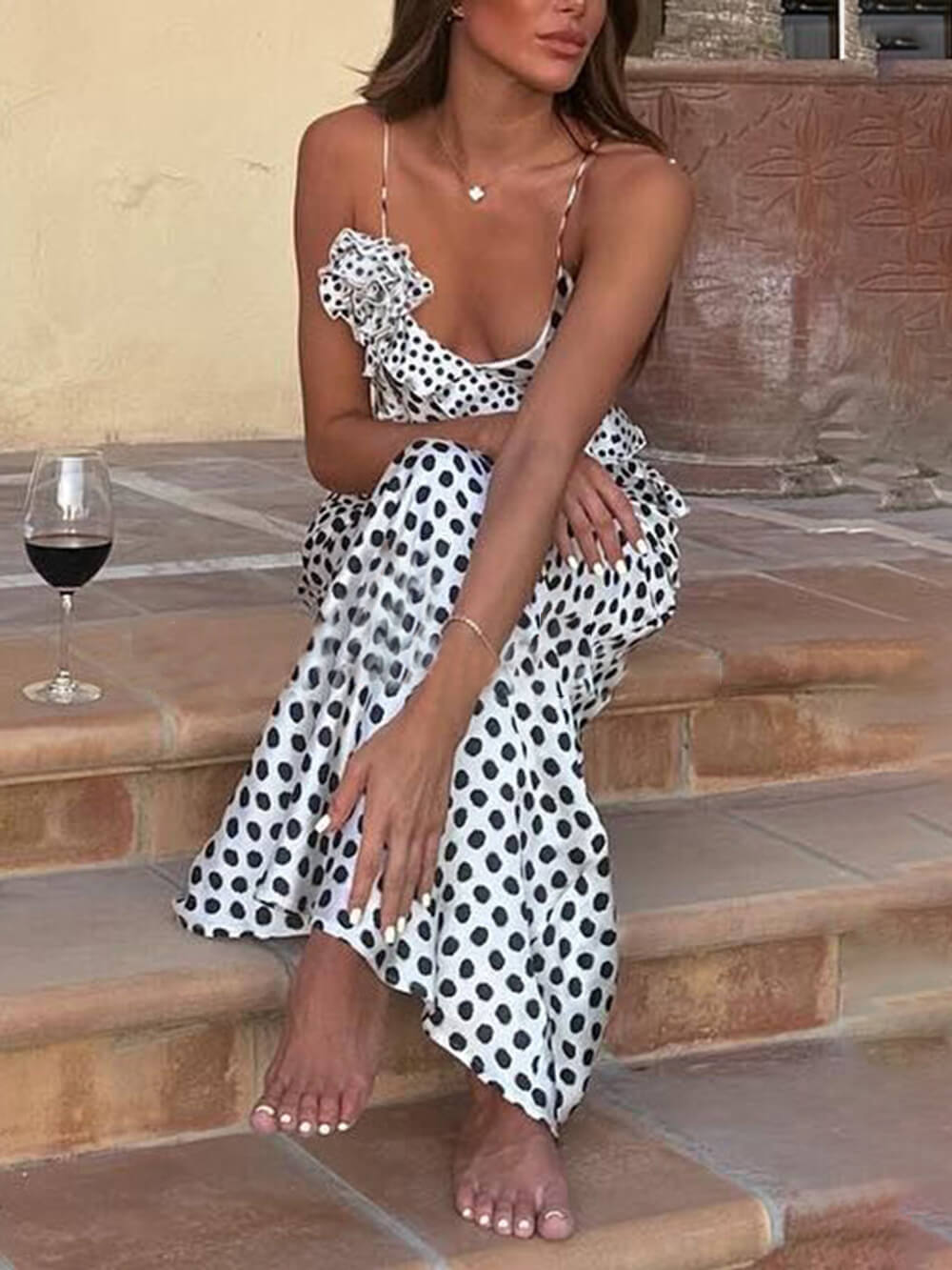 Polka Dot Print Fantasy Guipure Ruffled Suspender Maxi  Dress