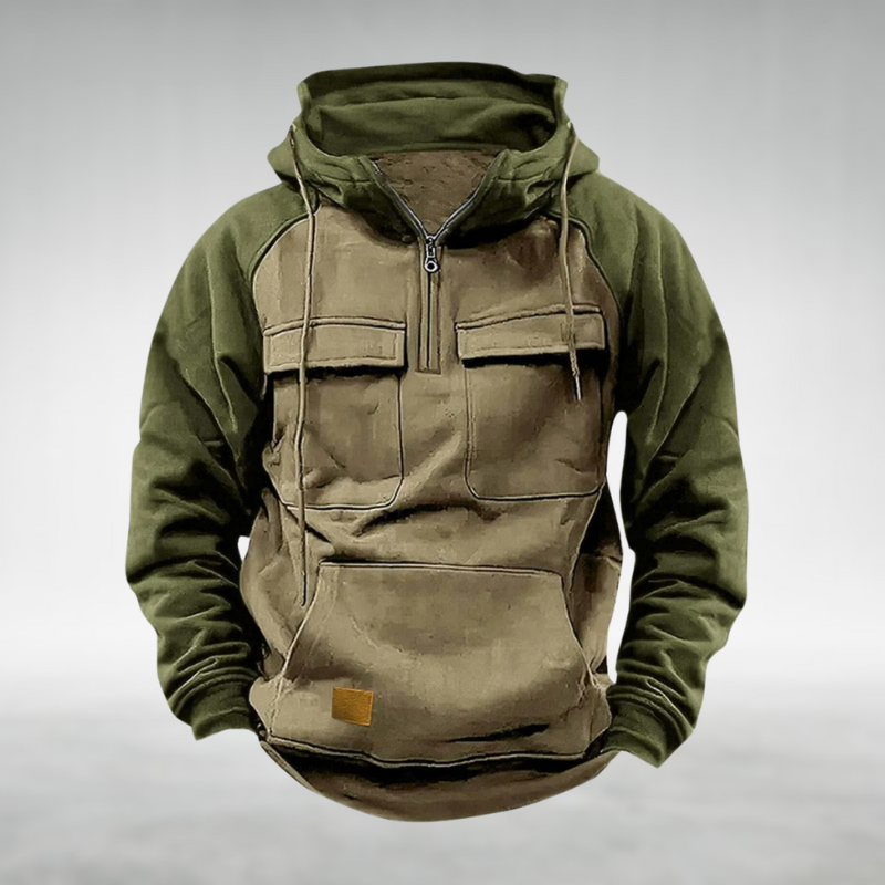 Men's Pullover Top with Hood and Multiple Front Pockets