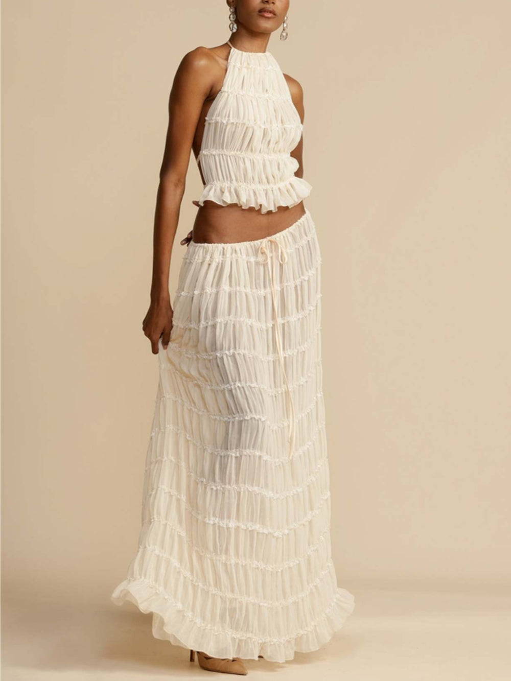 Pleated Drawstring Charm Waist Tiered Maxi Skirt